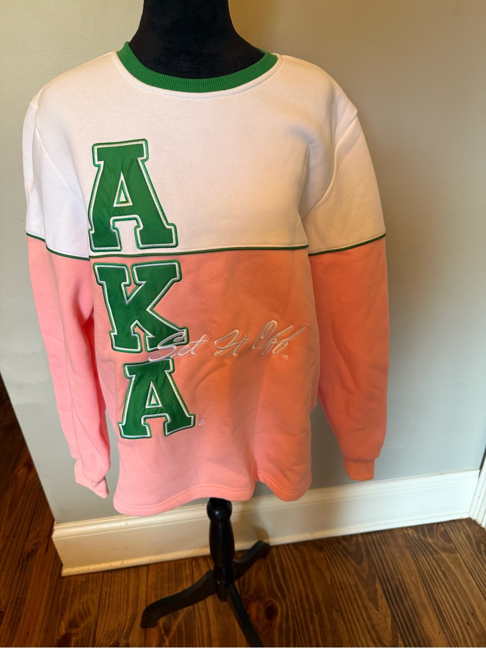 AKA Pink and White Crewneck Sweatshirt with Green Lettering